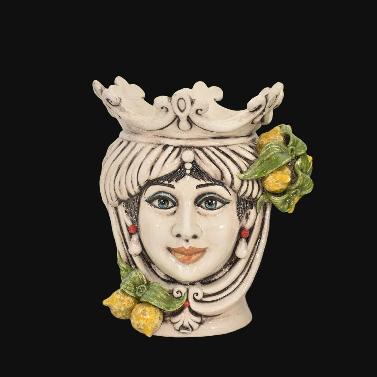 Handcrafted Teste di Moro ceramic vase with crown, lemons, and floral details, blending tradition and modern design.