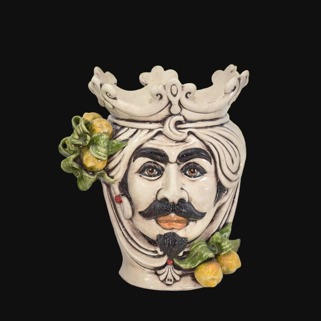 Handcrafted Teste di Moro ceramic vase with crown, mustache, and citrus details, blending tradition and modern design.