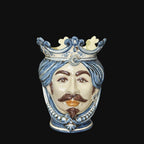 Handmade Teste di Moro ceramic vase with blue turban, crown, and mustache, blending tradition and modern design.