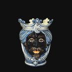 Handmade Teste di Moro vase with blue turban and crown, traditional Sicilian ceramic art
