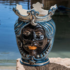 Handcrafted Teste di Moro ceramic vase with blue swirls, crown, and expressive face, perfect for decorative home accents.