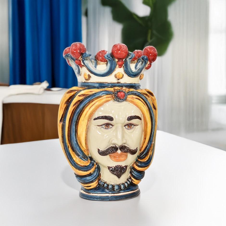 Handmade Teste di Moro ceramic vase with crown, vibrant colors, traditional Sicilian design for home decor