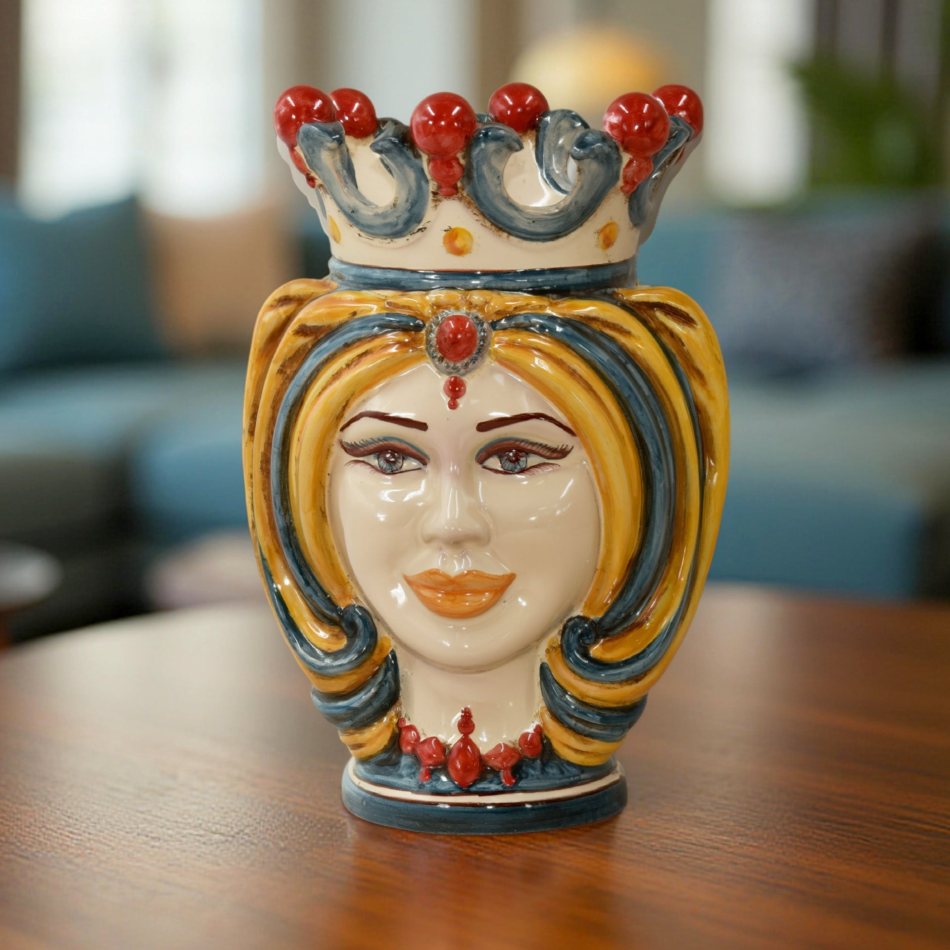 Handmade Teste di Moro ceramic vase with crowned queen face, vibrant colors, perfect home decor