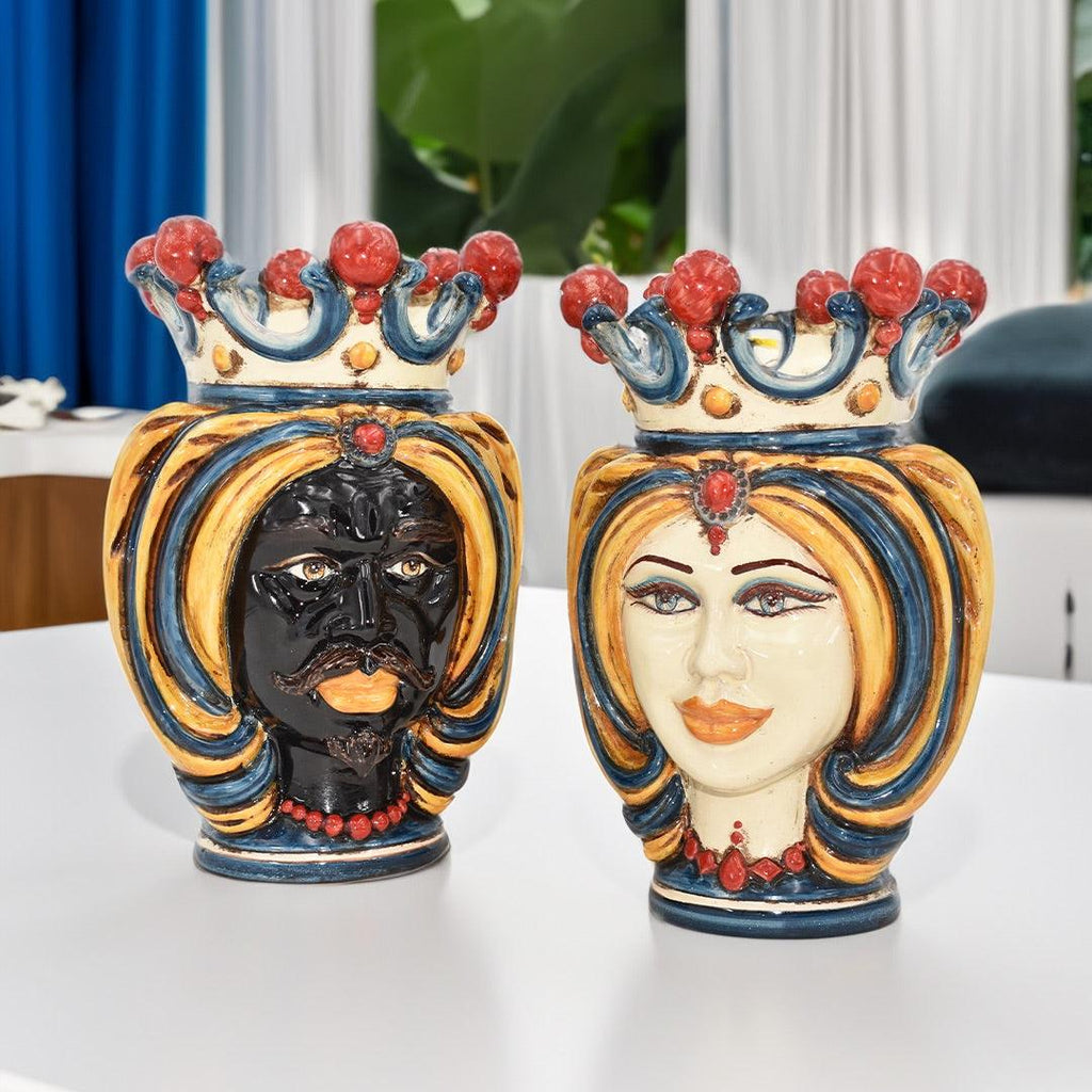Handmade Teste di Moro ceramic vases, king and queen design with crown, perfect for modern or traditional home decor