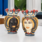 Handmade Teste di Moro ceramic vases, king and queen design with crown, perfect for modern or traditional home decor
