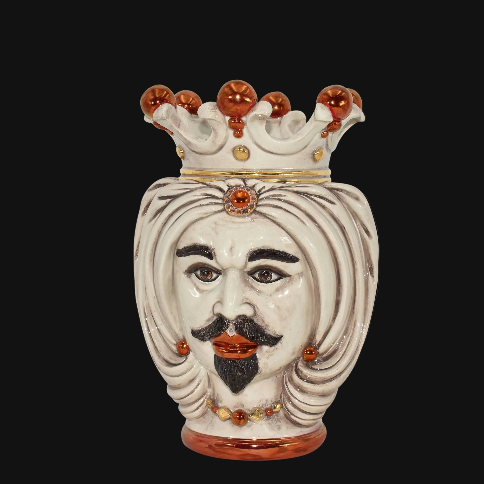 Testa di moro in ceramica caltagirone fatta a mano con corona e dettagli dorati