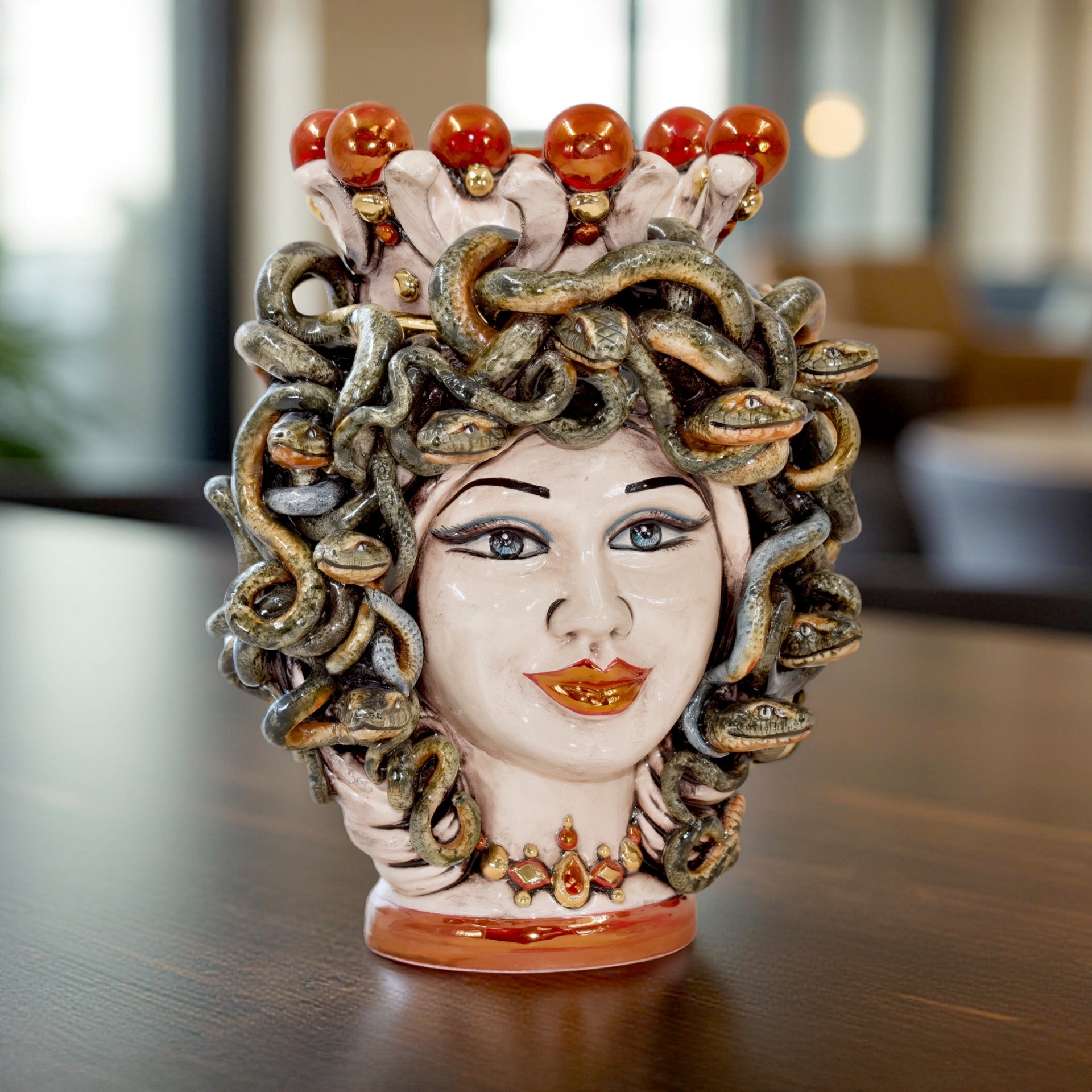 Handmade Medusa Testa di Moro ceramic sculpture with snake hair and vibrant details, perfect home decor