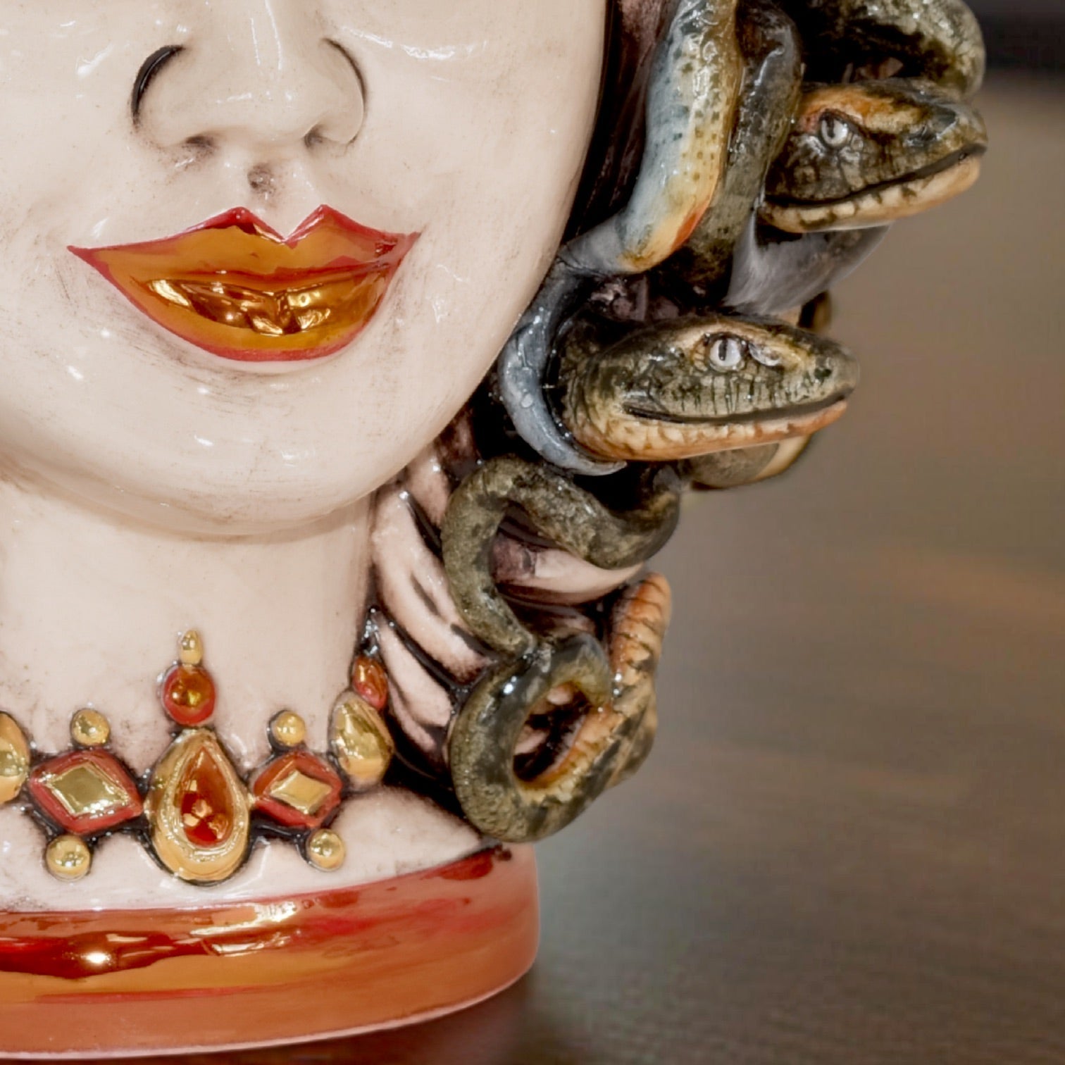 Handmade Teste di Moro ceramic with snakes and gemstone necklace, traditional Sicilian decor