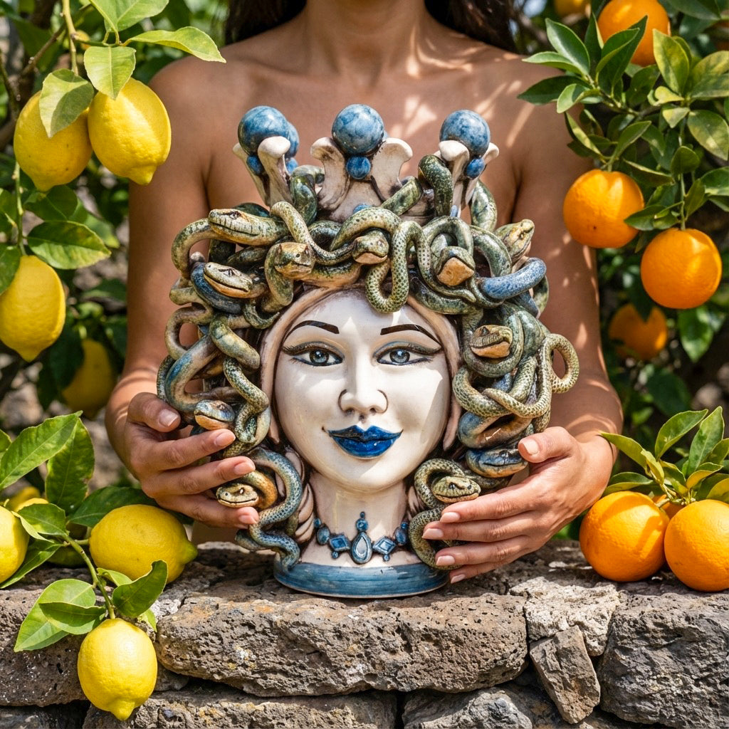 Handmade Teste di Moro ceramic with snake crown, held amid lemons and oranges, blending tradition and modern design.
