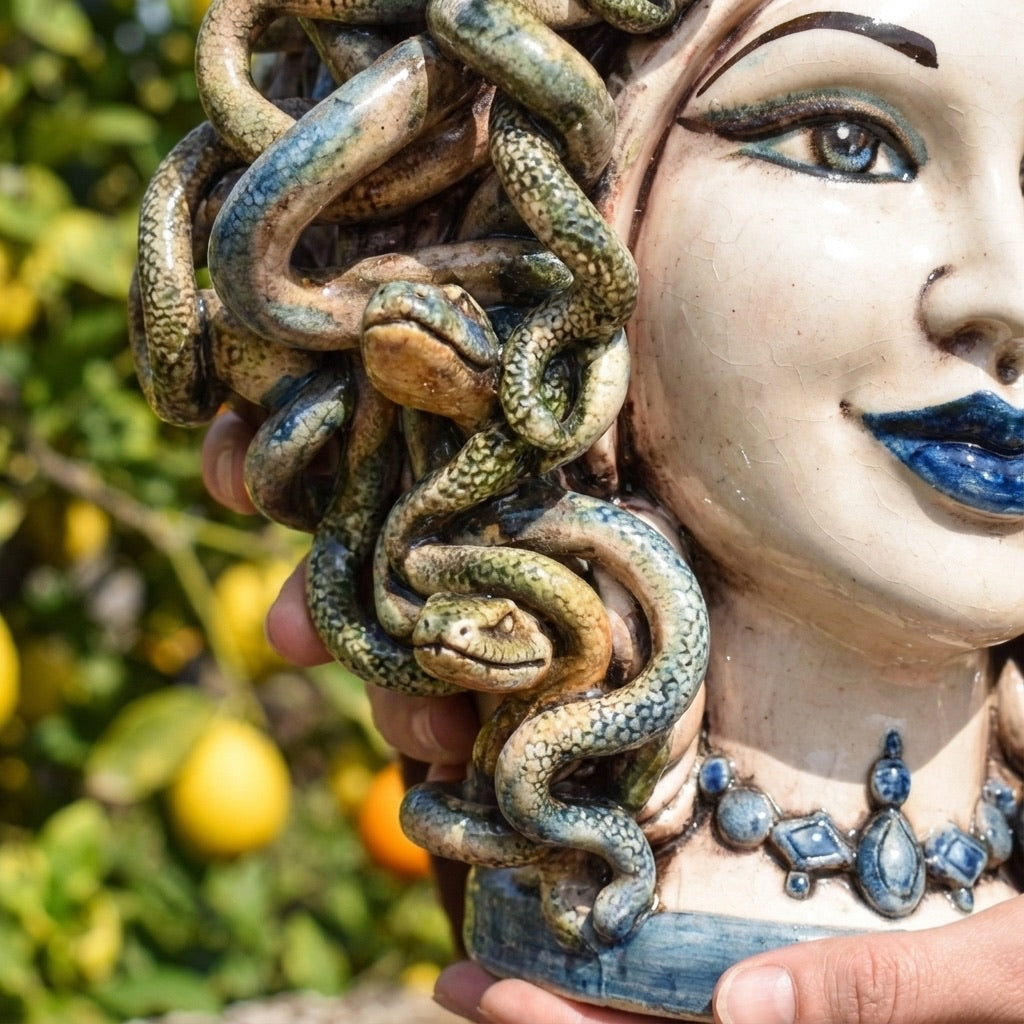 Handcrafted Teste di Moro ceramic with snake hair, blue lips, and jewelry, held outdoors near lemons