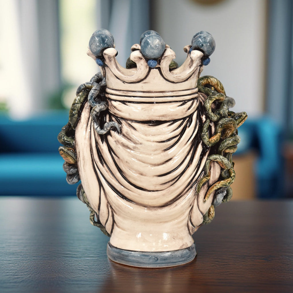 Handmade Teste di Moro ceramic vase with crown and leaf details, blending tradition and modern design