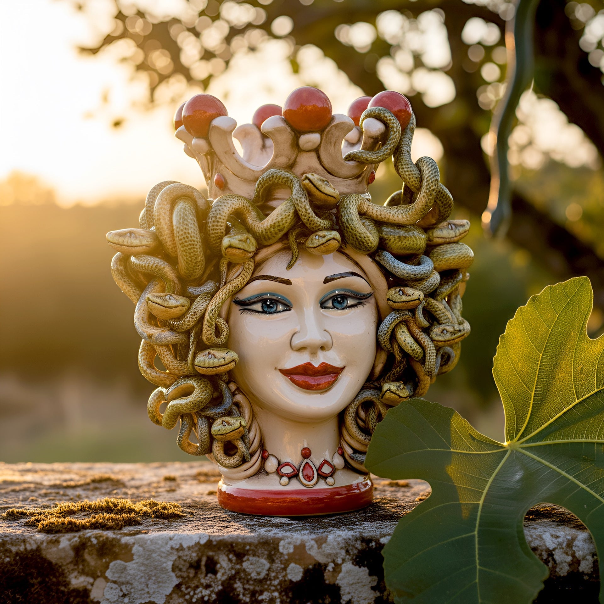 Handmade Teste di Moro ceramic sculpture with snake hair, crown, and vibrant colors, set outdoors at sunset.