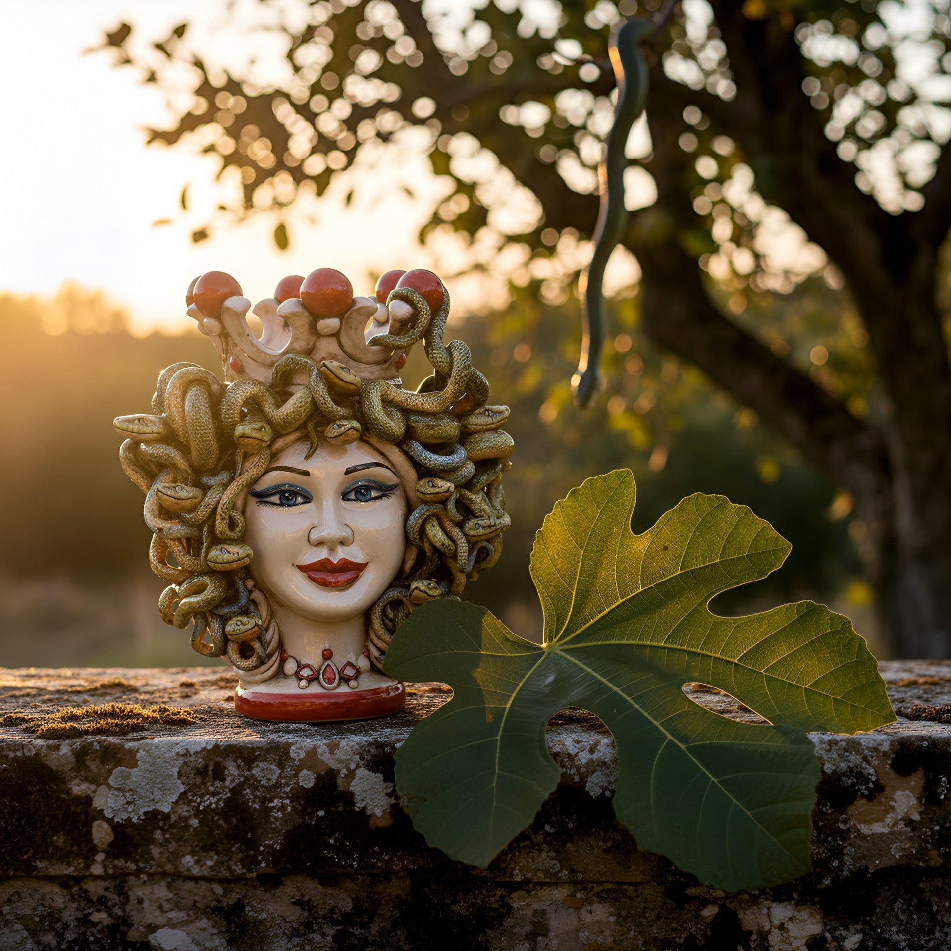 Handcrafted Teste di Moro ceramic with snake crown, set outdoors on stone with fig leaf, sunset glow