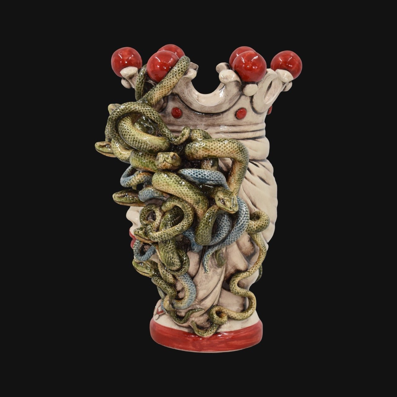 Handmade Teste di Moro vase with coiled snakes and red accents, blending tradition and modern design