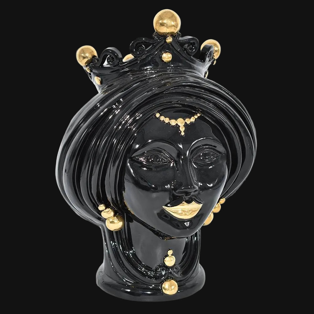 Black and gold Testa di Moro ceramic sculpture with crown, handmade Sicilian decor