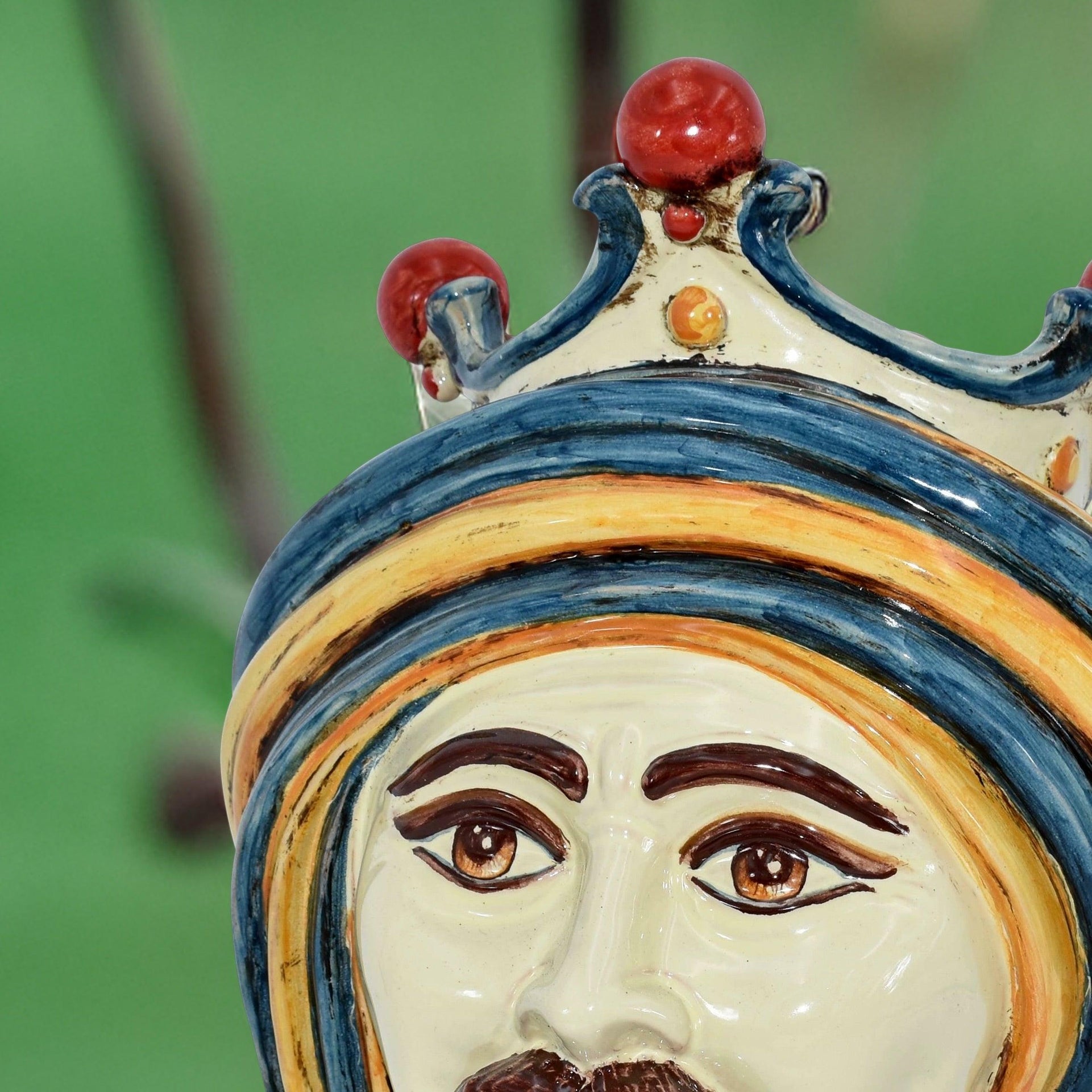 Handmade ceramic Testa di Moro male head with blue and orange crown details
