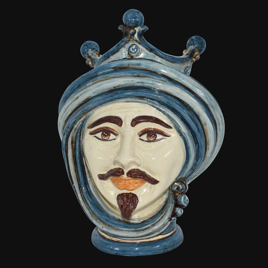 Handmade Teste di Moro ceramic sculpture with blue turban, mustache, and beard, traditional Sicilian decor