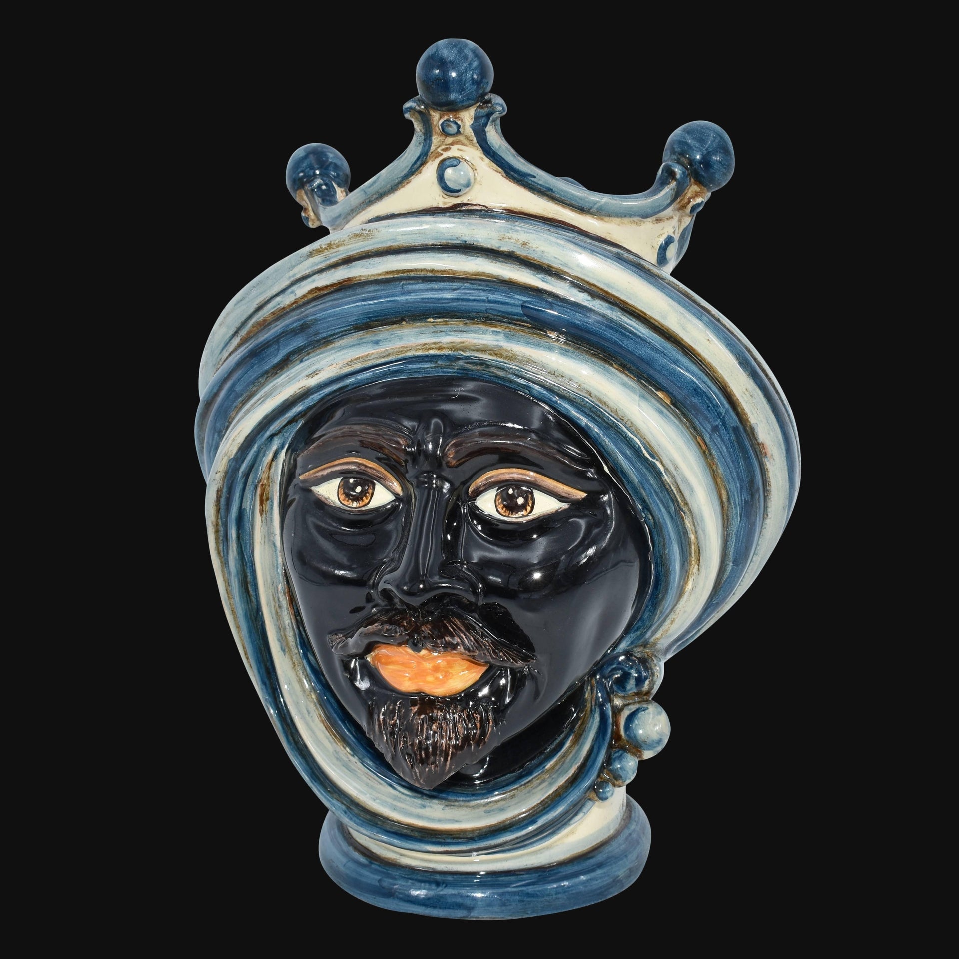 Testa di moro in ceramica di Caltagirone fatta a mano, con turbante blu e dettagli dorati