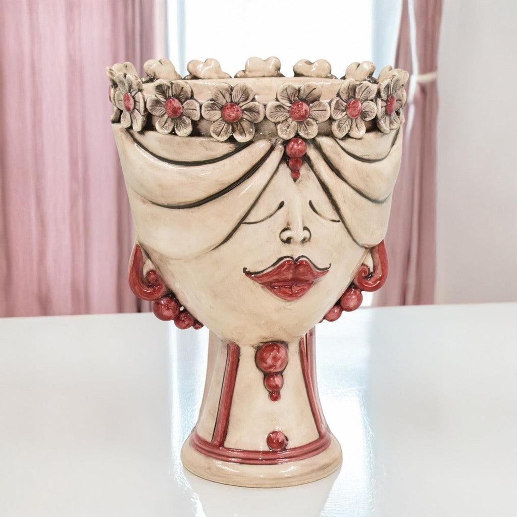 Handcrafted Teste di Moro vase with floral crown, red accents, and elegant face design for home decor