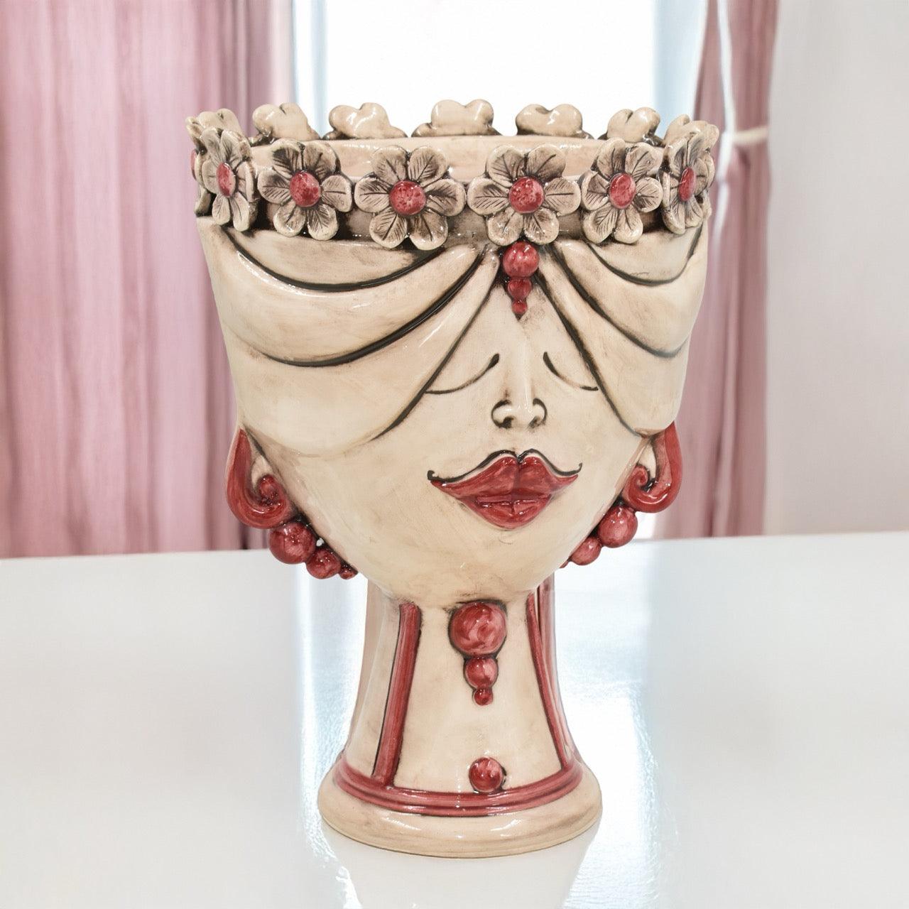 Handcrafted Teste di Moro vase with floral crown, red accents, and elegant face design for home decor