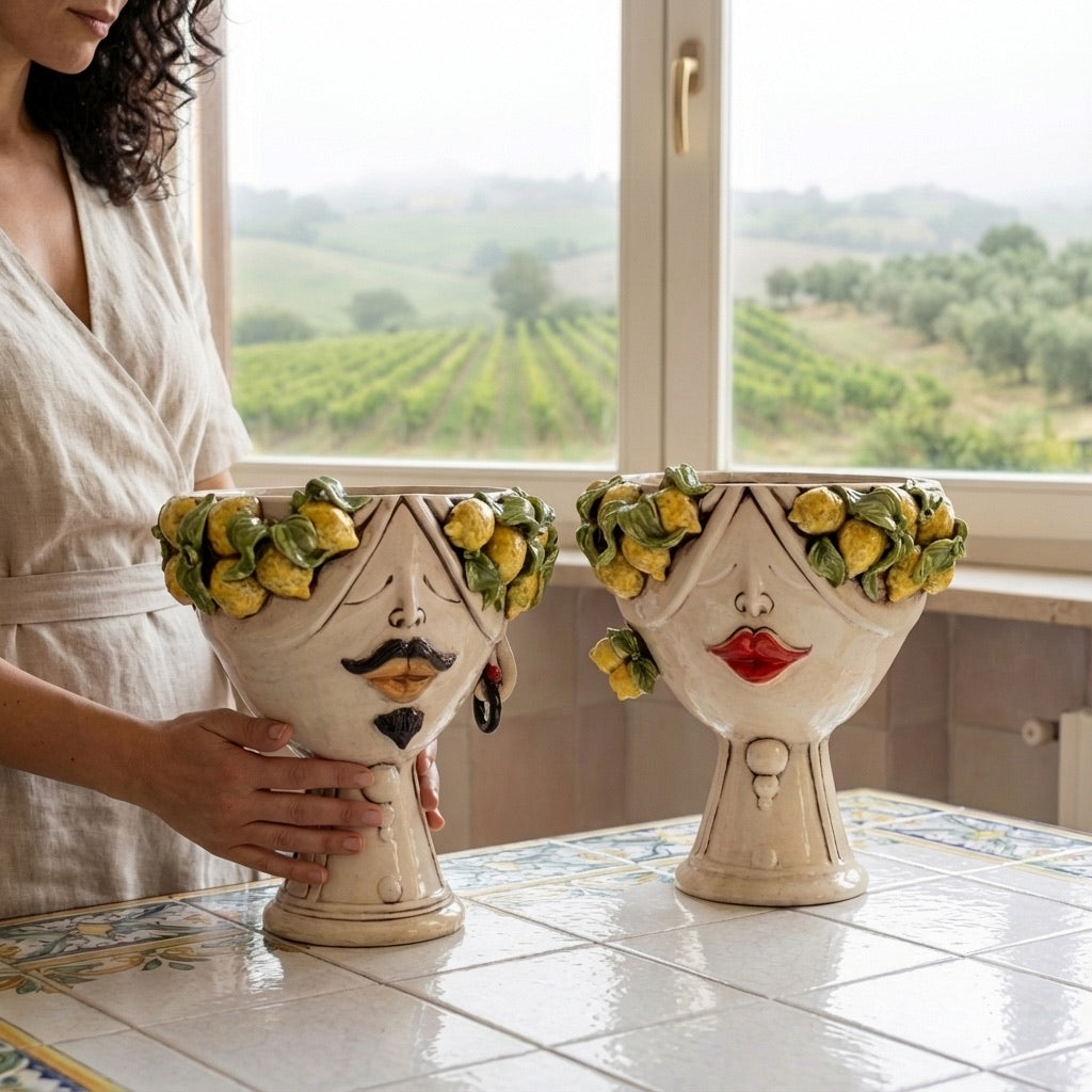 Handmade ceramic Teste di Moro planters with lemon accents, showcasing Sicilian artistry and modern design.
