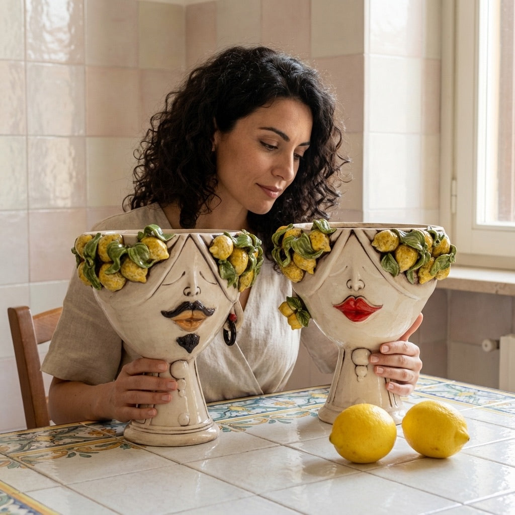 Handcrafted Teste di Moro ceramic vases with lemon motifs, blending tradition and modern design.