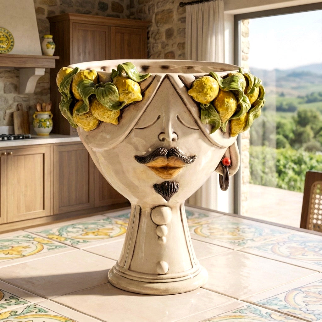 Handcrafted Teste di Moro ceramic vase with lemon accents, blending tradition and modern design for home decor.