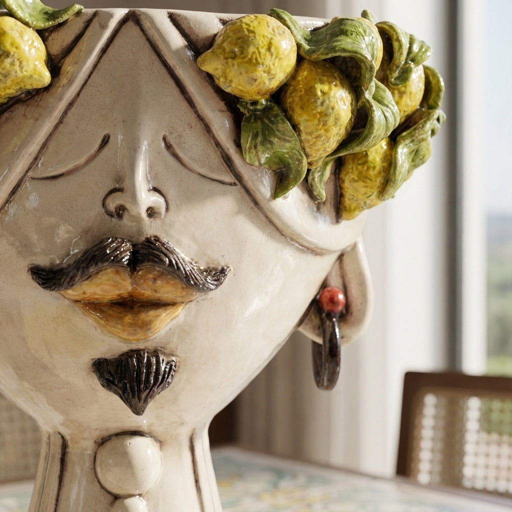 Handmade Teste di Moro ceramic vase with lemon crown, mustache, and earring, blending tradition and modern design.