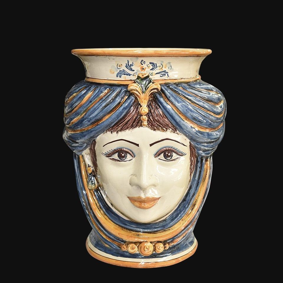 Handmade Teste di Moro vase with blue turban, ornate ceramic face, traditional Sicilian design