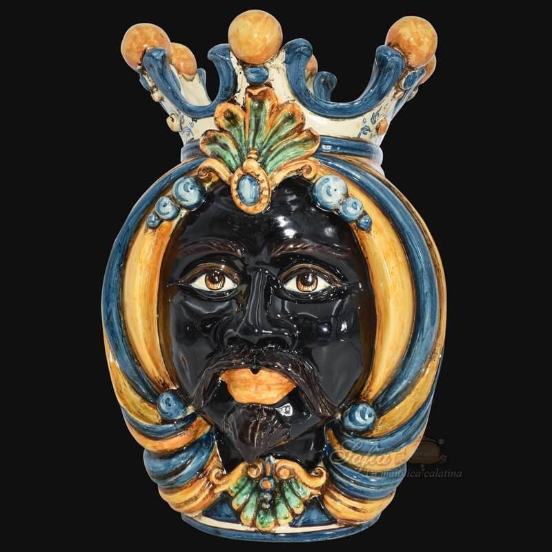 Hand-painted Sicilian ceramic Testa di Moro male head with crown in blue and orange.