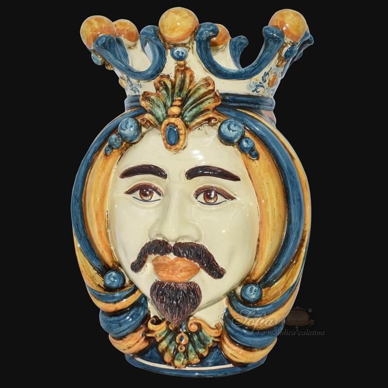 Handcrafted male Testa di Moro ceramic head vase in blue and orange with crown details
