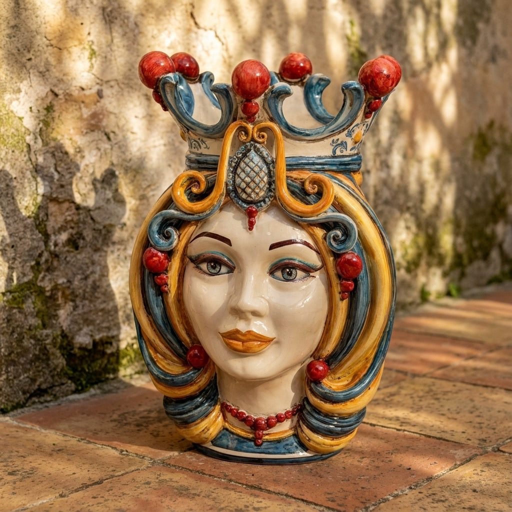 Handcrafted Teste di Moro ceramic vase with crown, vibrant colors, and detailed facial features, perfect for home decor.