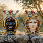 Handmade Teste di Moro ceramic statues, male and female, with crowns and vibrant colors, displayed outdoors on stone.