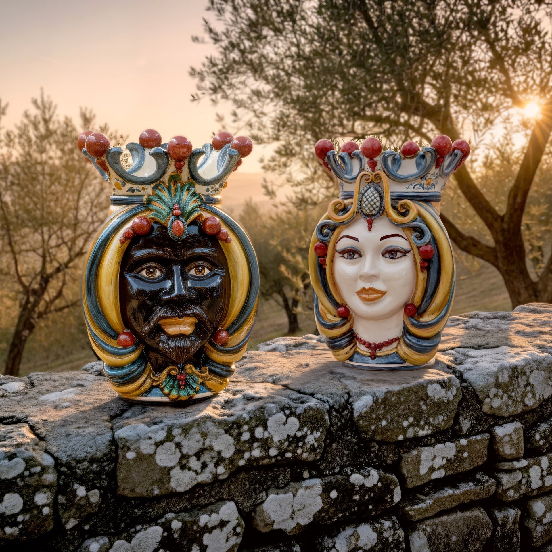 Handcrafted Teste di Moro ceramic heads with vibrant crowns, displayed on stone wall at sunset