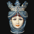 Handmade blue and white Testa di Moro ceramic vase with crown and turban, traditional Sicilian decor