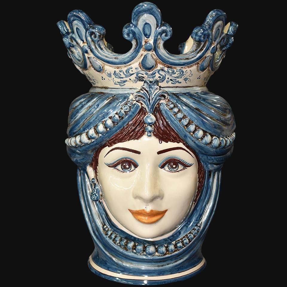 Handmade blue and white Testa di Moro ceramic vase with crown and turban, traditional Sicilian decor