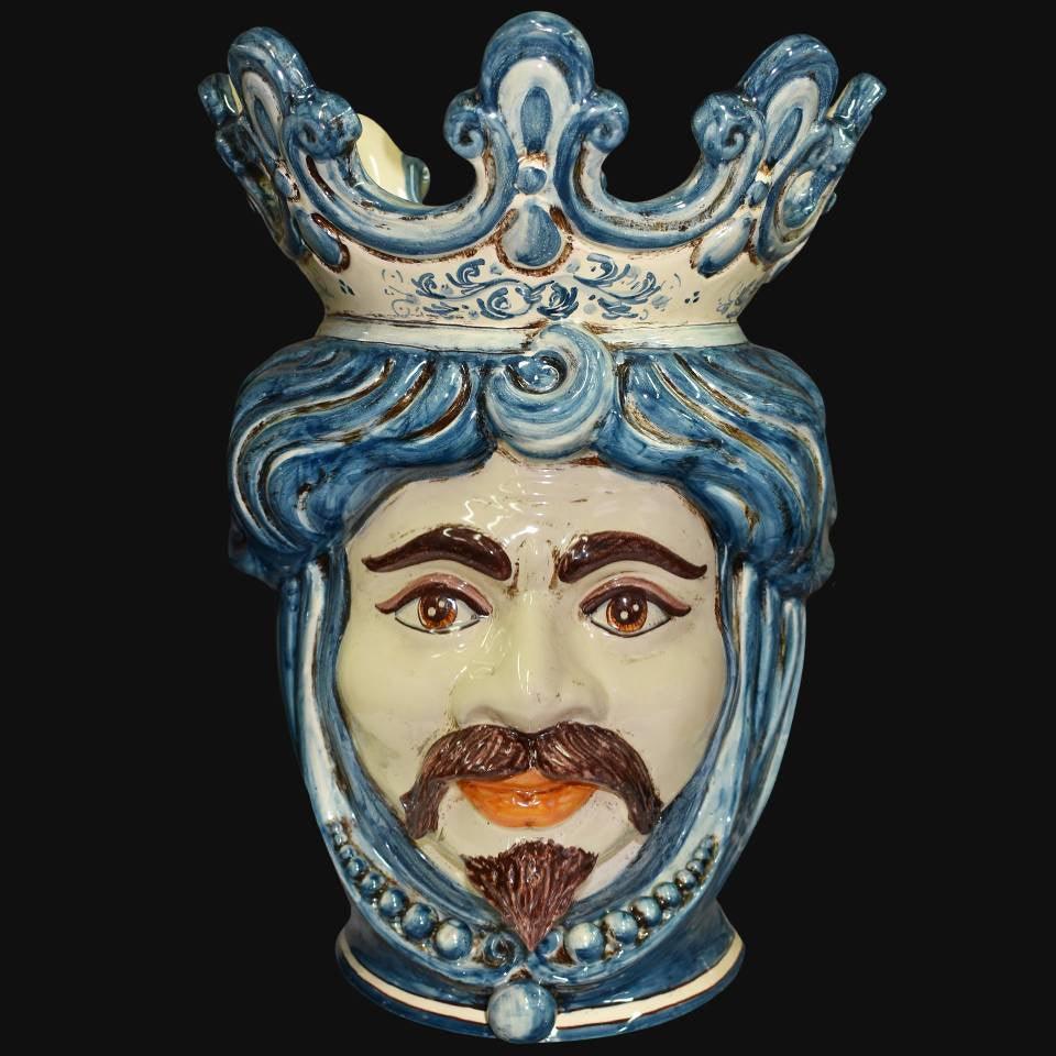 Handmade Teste di Moro ceramic vase with blue crown, curly hair, and mustache, traditional Sicilian decor