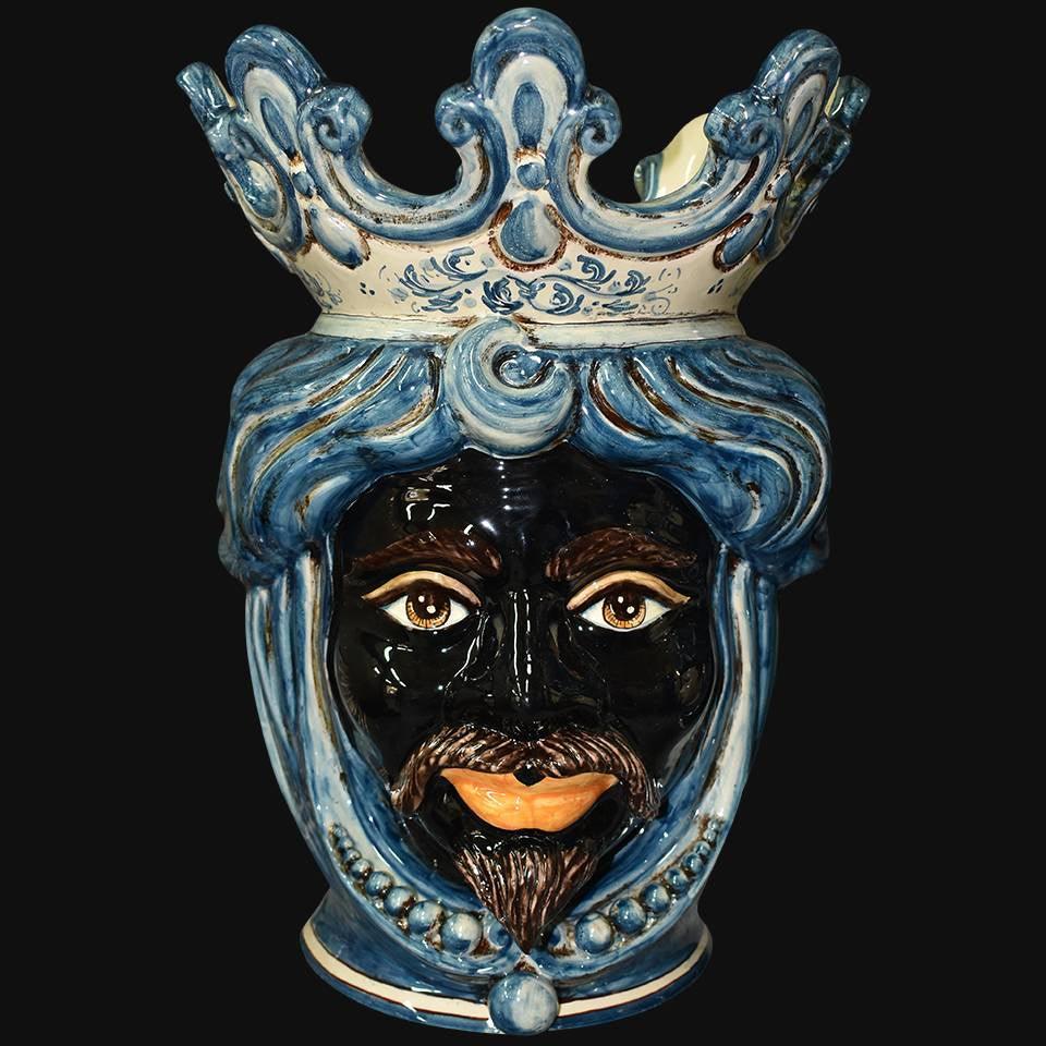 Handmade Teste di Moro ceramic vase with blue crown and black face, traditional Sicilian decor