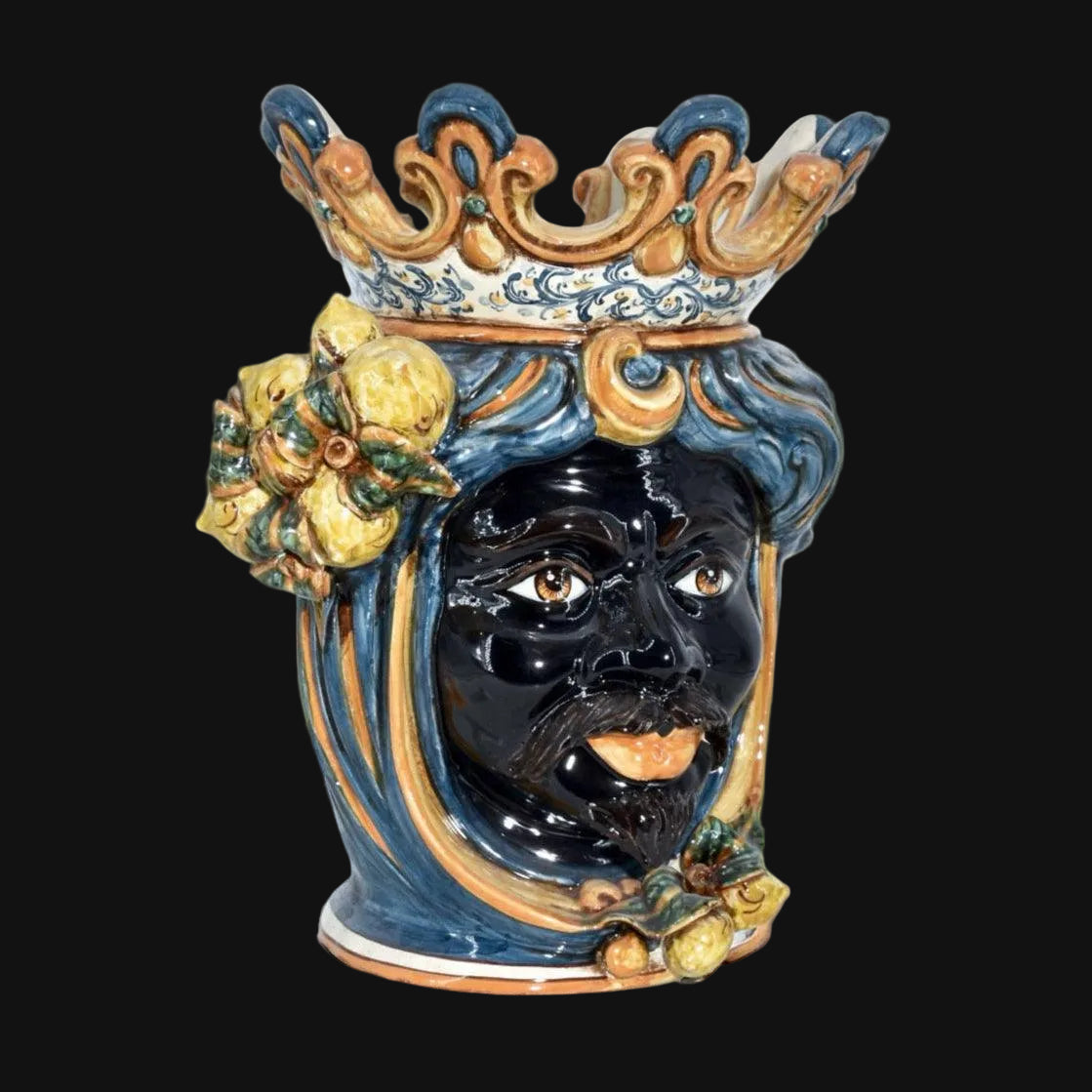 Handmade Teste di Moro ceramic vase with crown, floral details, and vibrant Sicilian colors
