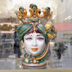 Handcrafted Teste di Moro ceramic vase with crown, green turban, and lemon accents, blending tradition and modern design.