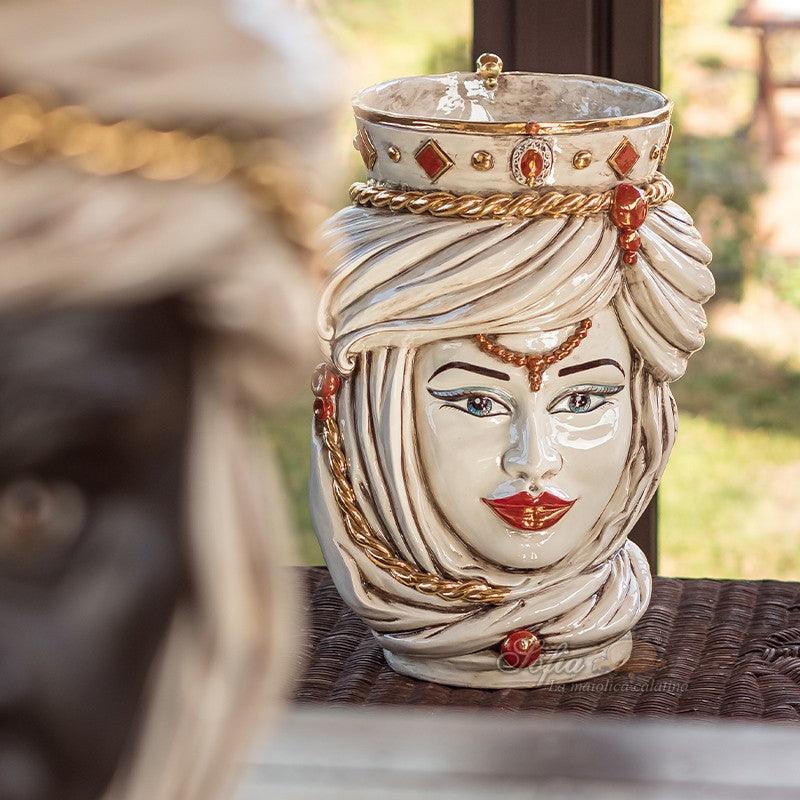 Handcrafted Teste di Moro ceramic vase with ornate crown and turban, blending tradition and modern design.