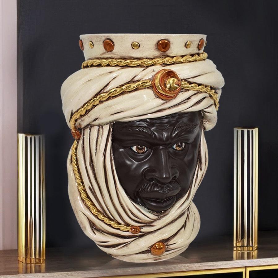 Handcrafted Teste di Moro ceramic bust with white turban, gold accents, and detailed facial expression for modern decor