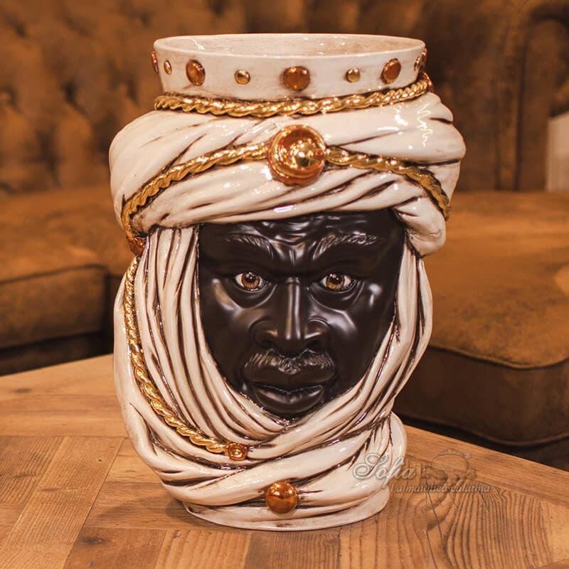 Handmade Teste di Moro ceramic vase with white turban, gold accents, and expressive face, perfect for modern or traditional decor.