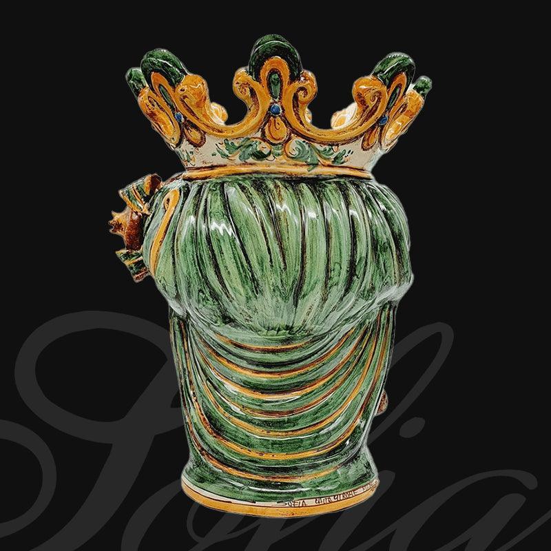 Ceramica di Caltagirone fatta a mano con corona decorata, verde e oro, stile tradizionale siciliano