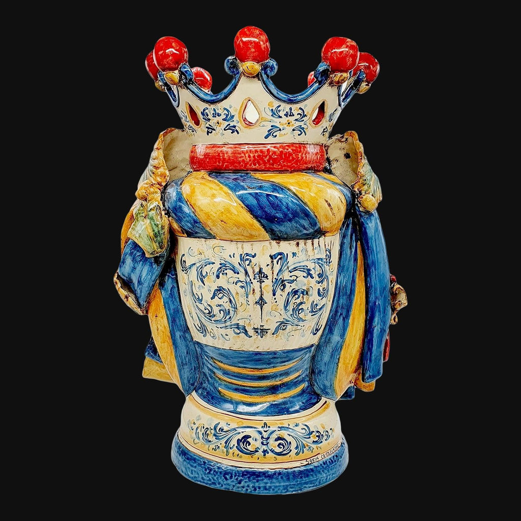 Handmade Sicilian ceramic vase with crown, blue and yellow stripes, ornate floral patterns, traditional Teste di Moro design