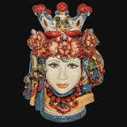 Handmade Teste di Moro ceramic bust with crown, floral headdress, and vibrant colors, blending tradition and modern design.