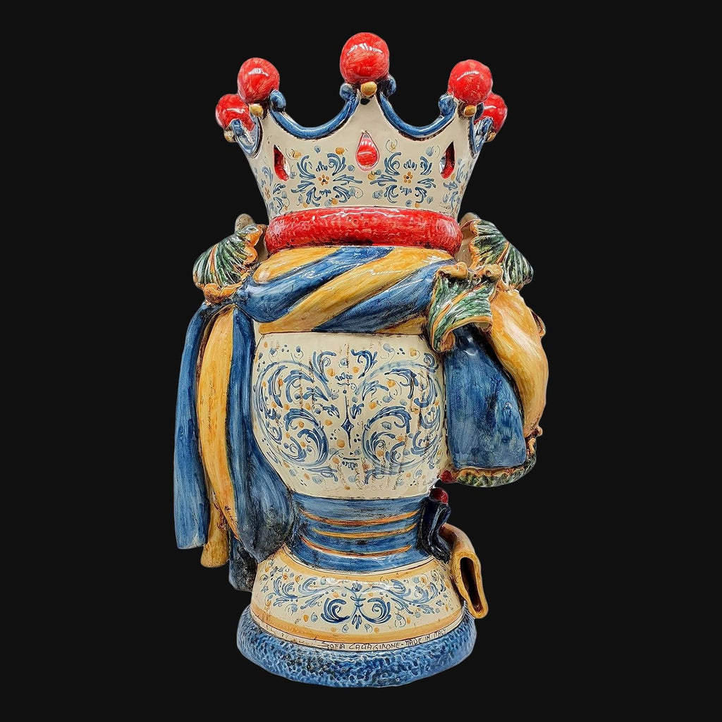 Handmade Teste di Moro ceramic vase with crown, blue and gold swirls, traditional Sicilian design
