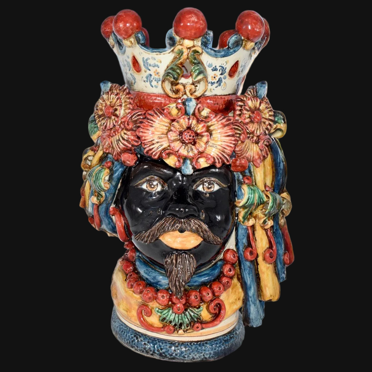 Handmade Teste di Moro ceramic vase with crown, floral headdress, and vibrant colors, blending tradition and modern design.