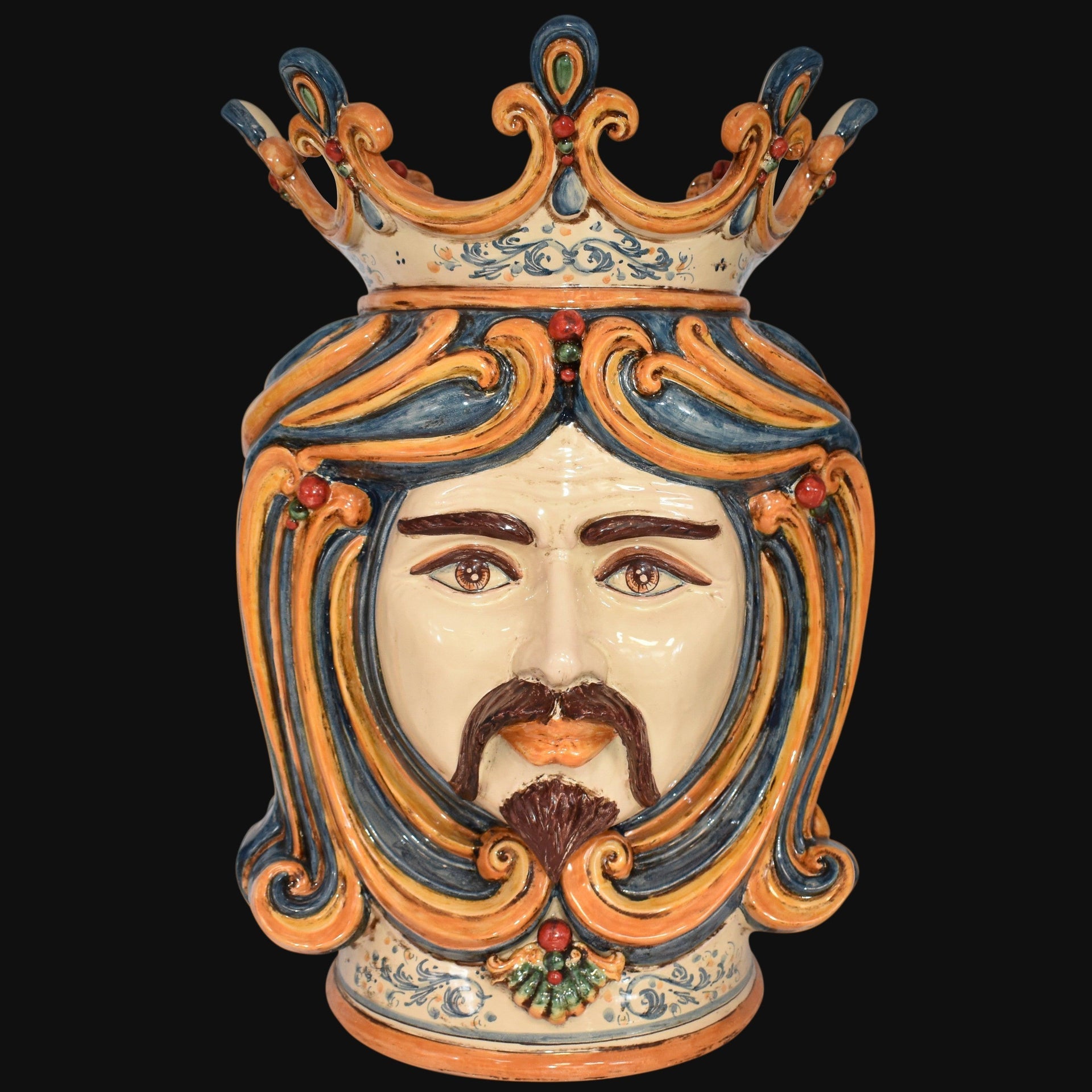 Testa di moro in ceramica di Caltagirone fatta a mano, con corona e decori colorati