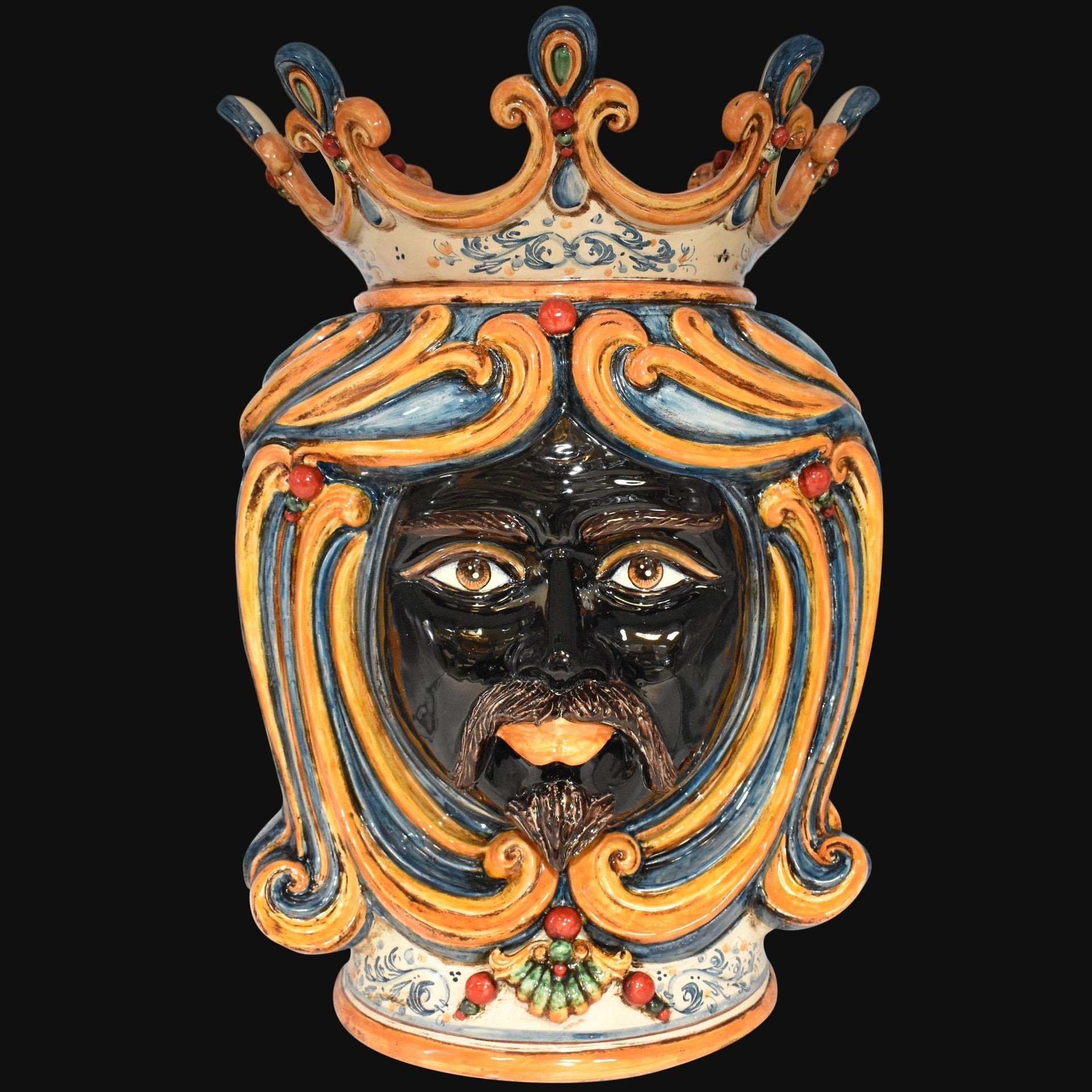 Testa di moro in ceramica di Caltagirone fatta a mano, con corona e decori colorati